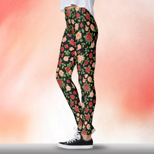 Legging Rosas Boho Vermelhas e Rosas Florais em Aquarela P