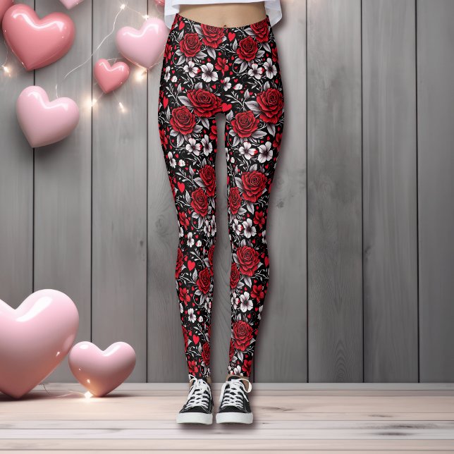 Legging Rosas bonito, Vermelhas, Pretas e Brancas, Coraçõe (Criador carregado)