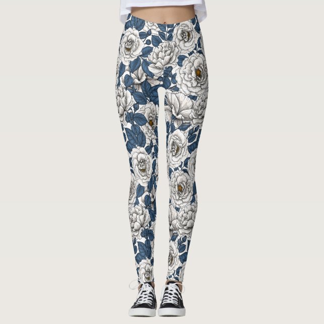 Legging Rosas brancas com folhas azuis em branco (Frente)