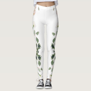 Legging Rosas brancas e folhas artísticas