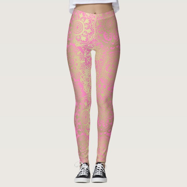 Legging Rosas claro e Padrão Dourado de Mandala (Frente)