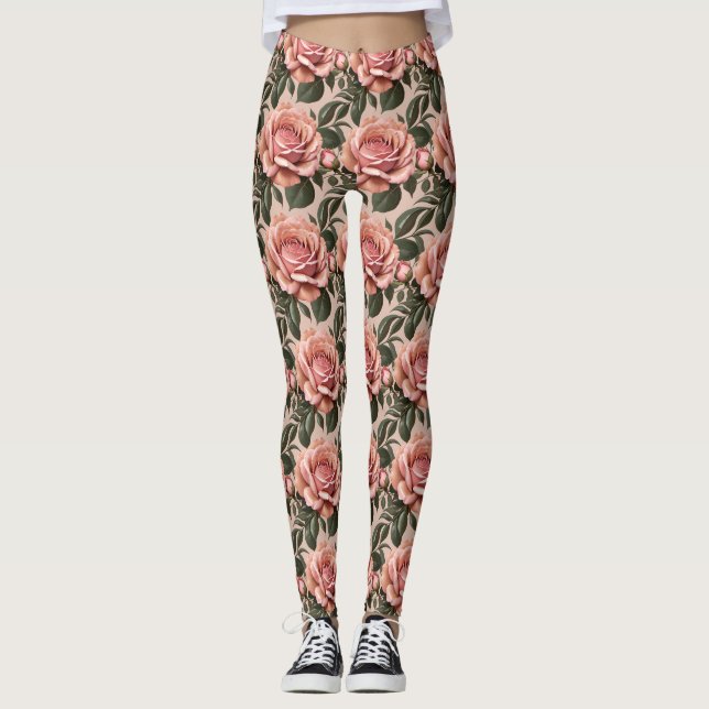 Legging Rosas Cor-de-Rosa Com Folhas em Pinceladas  (Frente)