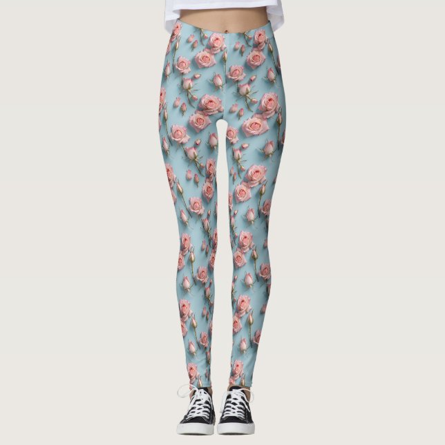 Legging Rosas Cor-de-Rosa Espalhadas Sobre Fundo Azul Clar (Frente)