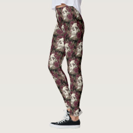 Legging Rosas Crânio Padrão Preto Borgonha Sk Personalizad