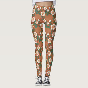 Legging Rosas Creme E Verde Claro Sobre Um Terracota Quent