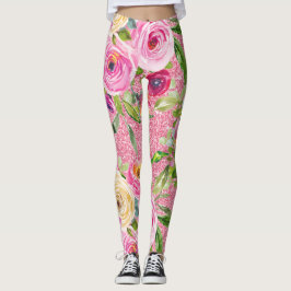 Legging Rosas de aquarela a rosa e creme com brilho rosa