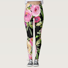 Legging Rosas de aquarelas a rosa e creme a preto