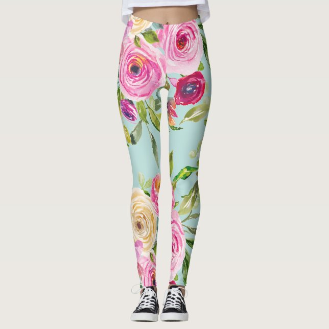 Legging Rosas de aquarelas a rosa e creme em aqua (Frente)