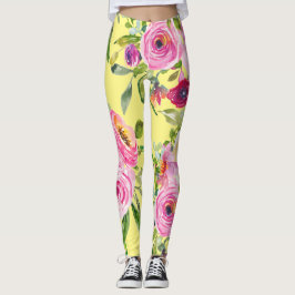 Legging Rosas de aquarelas em rosa e vermelho em amarelo