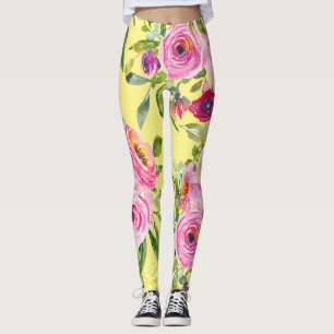 Legging Rosas de aquarelas em rosa e vermelho em amarelo