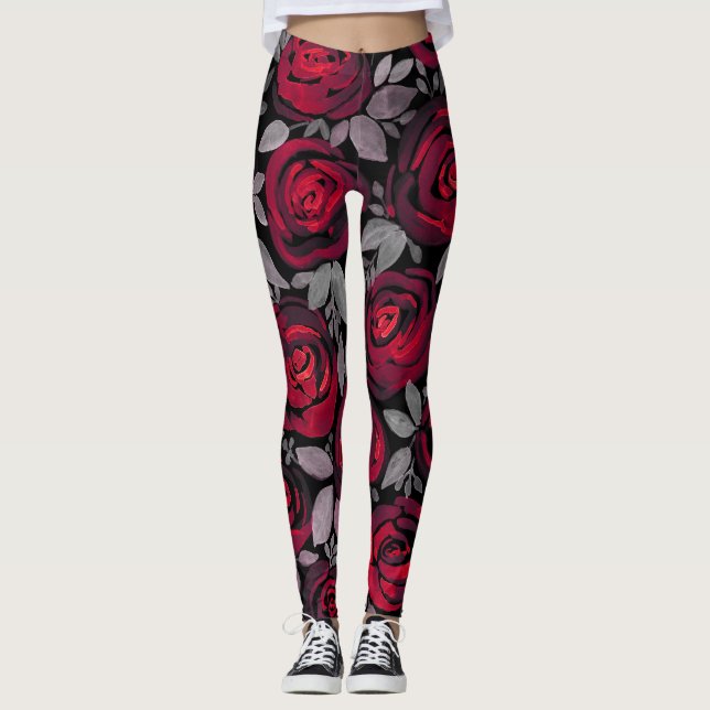 Legging Rosas de aquarelas, rosas vermelhas a preto (Frente)