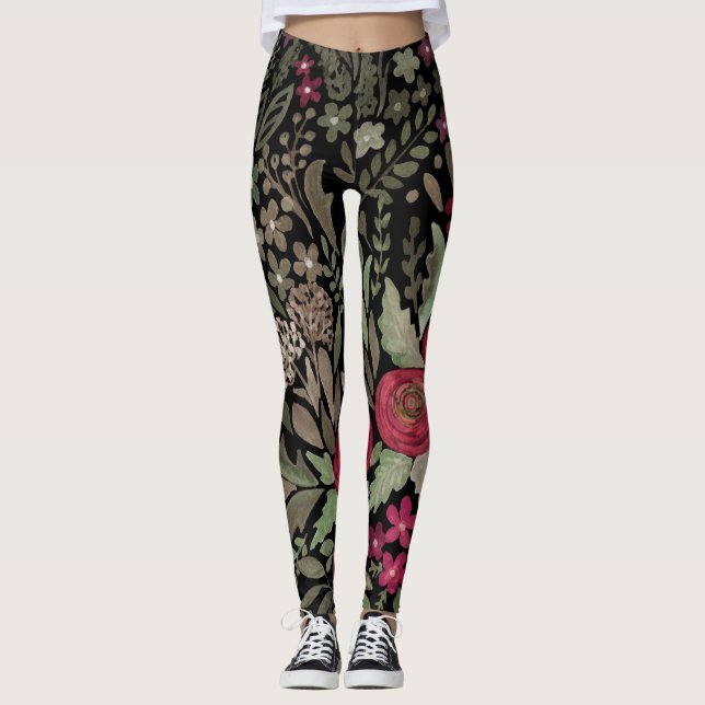 Legging Rosas de aquarelas, sobre fundo preto, aquarela (Frente)
