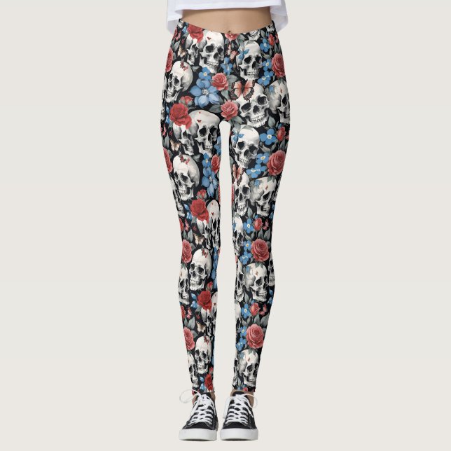 Legging Rosas de crânios e nádegas pretas (Frente)