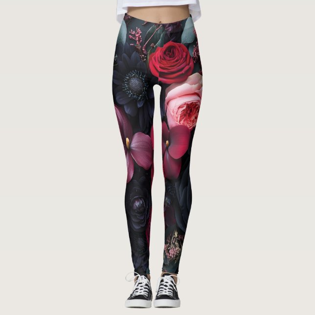 Legging Rosas de Disposição Floral Escuro Elegante (Frente)