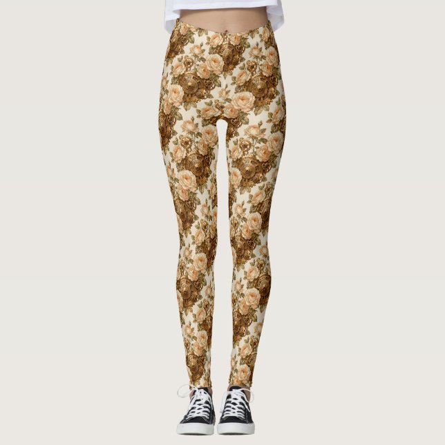 Legging Rosas de Marfim e Engrenagens de Latão Steampunk (Frente)