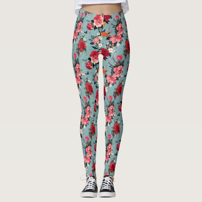Legging Rosas de vindima e Florais num Fundo Azul (Frente)