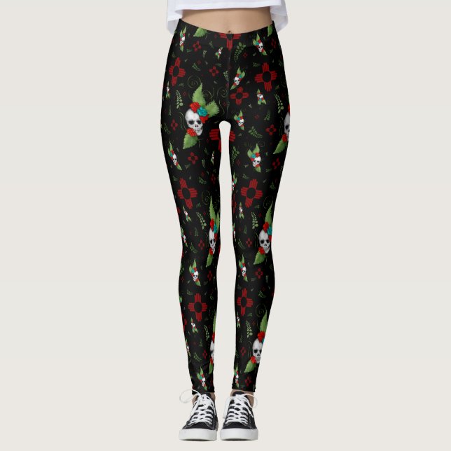 Legging Rosas do crânio Zia Sun Greenery Black Novo México (Frente)