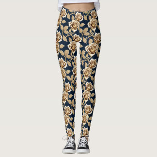 Legging Rosas Douradas Com Acabamento Metálico