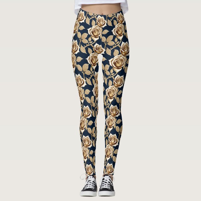 Legging Rosas Douradas Com Acabamento Metálico (Frente)