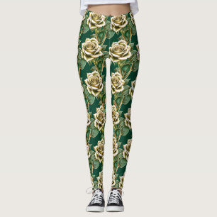 Legging Rosas Douradas Com Folhas Verde Esmeralda