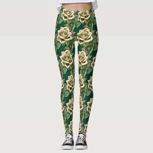 Legging Rosas Douradas Com Folhas Verde Esmeralda (Frente)