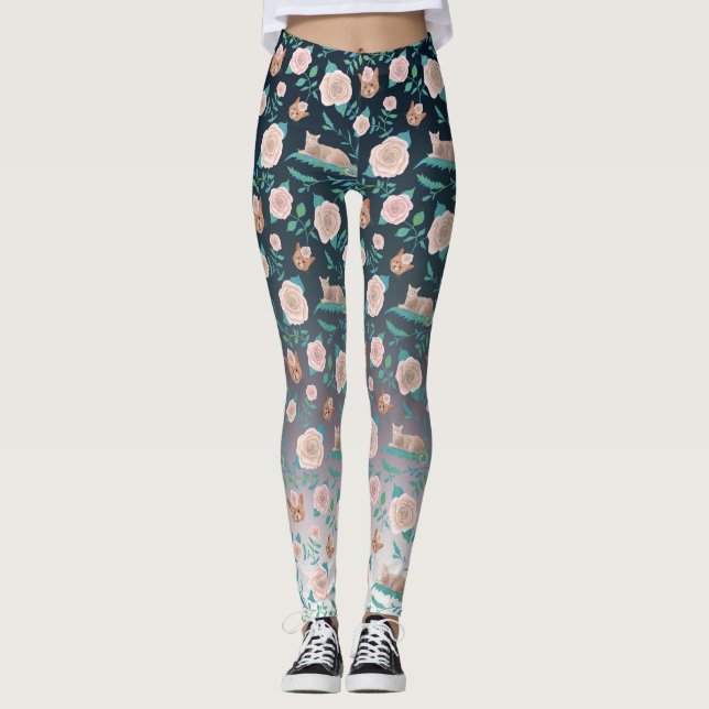 Legging Rosas e gatos em um contexto metálico (Frente)