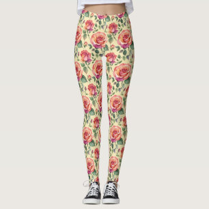Legging Rosas em Aquarela em Tons de Coral e Magenta