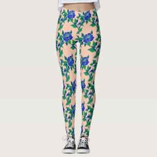 Legging Rosas em Azul Elétrico Marcante com Folhas Verdes