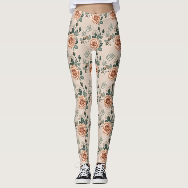 Legging Rosas em Estilo Boho em Laranja Pastel e Verde Sag (Frente)