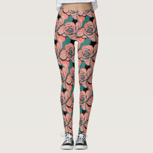 Legging Rosas Geométricas em Tons de Preto e Azul Turquesa