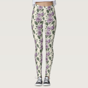 Legging Rosas Lavanda Com Folhas Prateadas E Verdes
