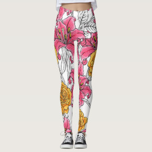 Legging Rosas Lírios Padrão Desenho Da Mão