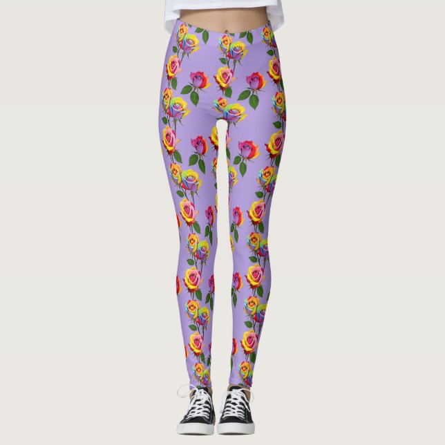 Legging Rosas Multicoloridas Brilhantes em Tons de Arco-Ír (Frente)