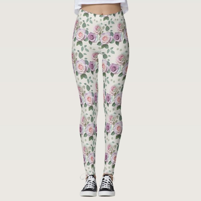 Legging Rosas Pastéis em Tons de Lilás Menta e Bege (Frente)