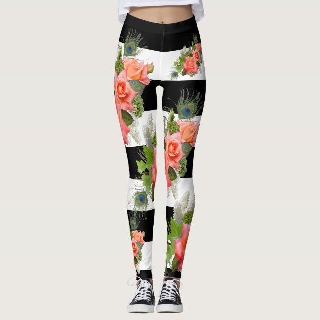 Legging Rosas Penas de Peacock com Padrões Disparados Flor (Frente)