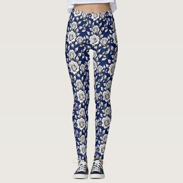 Legging Rosas Prateadas e Brancas (Frente)