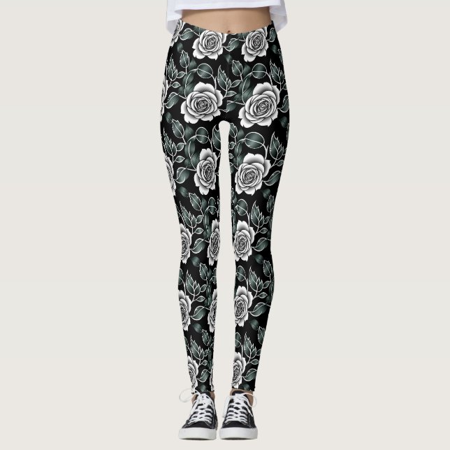 Legging Rosas Prateadas Metálicas Com Folhas Verde Escuro (Frente)