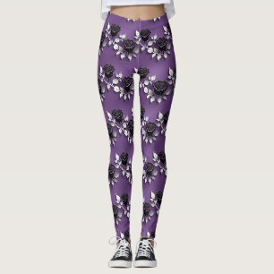 Legging Rosas Pretas Elegantes Com Folhas de Prata