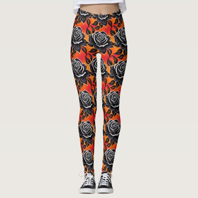Legging Rosas Pretas Escuras Com Contornos Brancos (Frente)