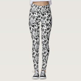 Legging Rosas Pretas Minimalistas Com Caules Cinza Claro