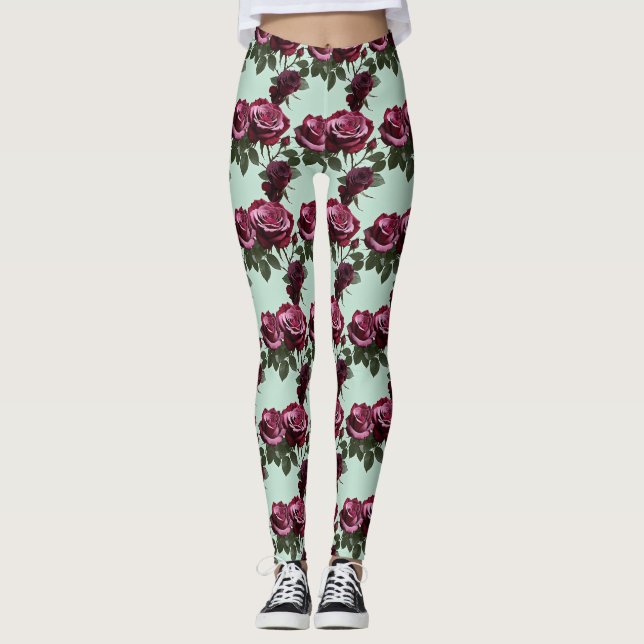 Legging Rosas Ricas Roxas E Vermelhas Profundas Em Um Verd (Frente)
