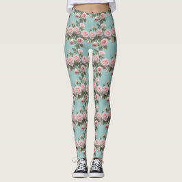Legging Rosas Rosa Bebê Com Folhas Verde-Salvia