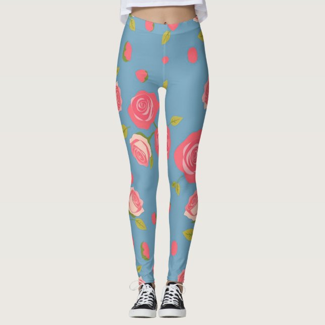 Legging Rosas Rosa no Fundo Azul (Frente)