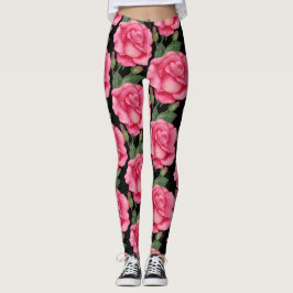 Legging Rosas Rosa Padrão Floral Fundo Preto