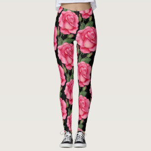 Legging Rosas Rosa Padrão Floral Fundo Preto