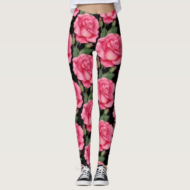Legging Rosas Rosa Padrão Floral Fundo Preto (Frente)
