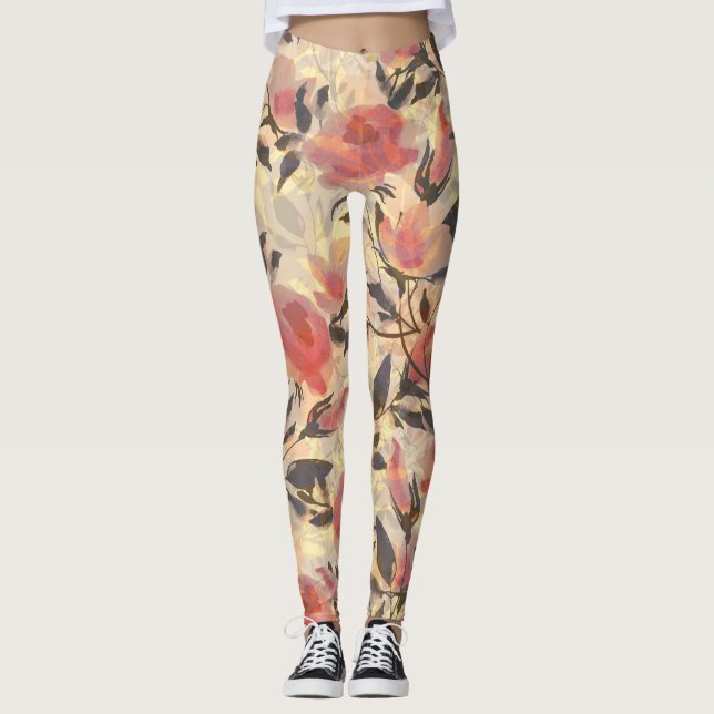 Legging rosas selvagens primavera: padrão de aquarelas. (Frente)