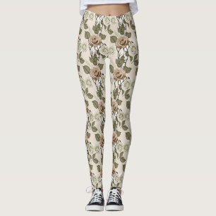 Legging Rosas Sepia Inspiradas em Vintage com Folhas Verde