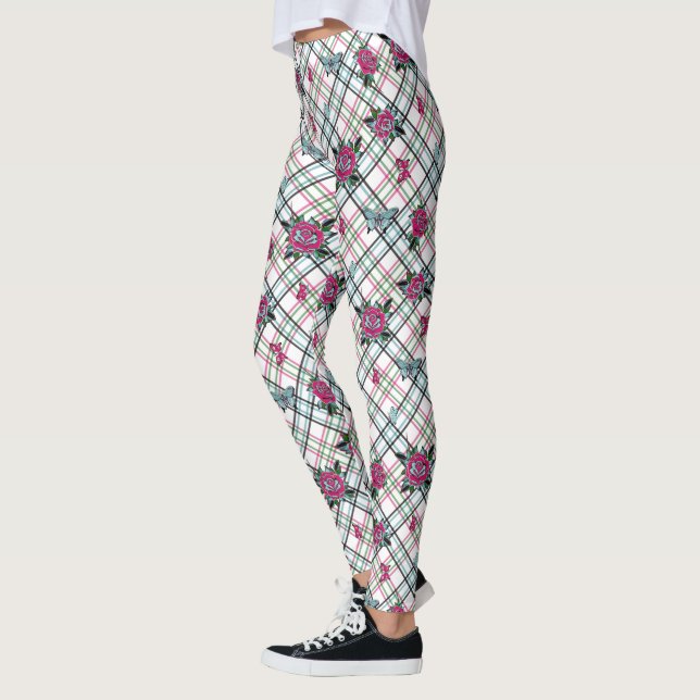 Legging Rosas Tatuagem Azul Rosa  Borboletas Xadrez (Esquerda)