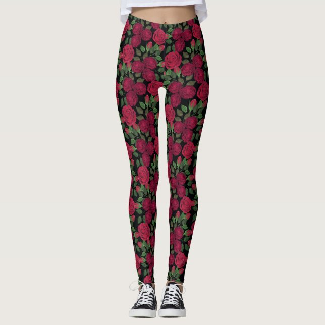 Legging Rosas vermelhas a preto. (Frente)